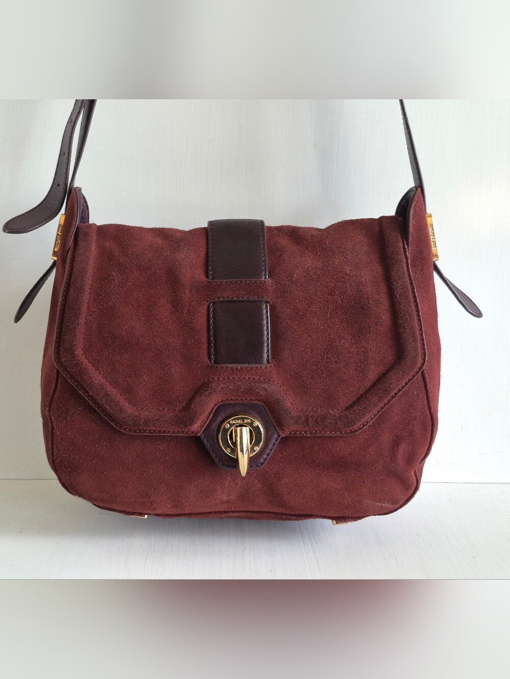 Rachel Zoe Suede Shoulder Bag in Deep Burgundy with Dark Brown Trim